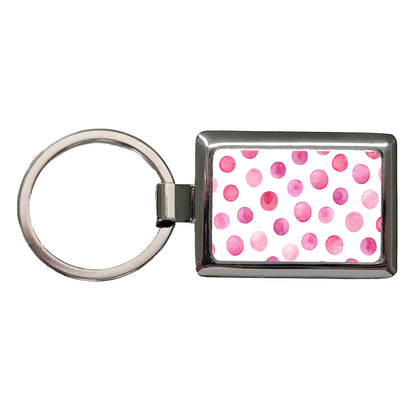 Pink Polka Dots White Background Rectangle Metal Keychain