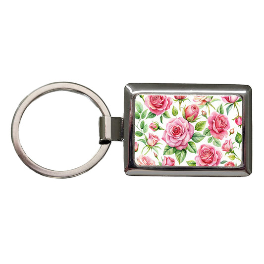 Pink Roses Flowers Watercolor Rectangle Metal Keychain