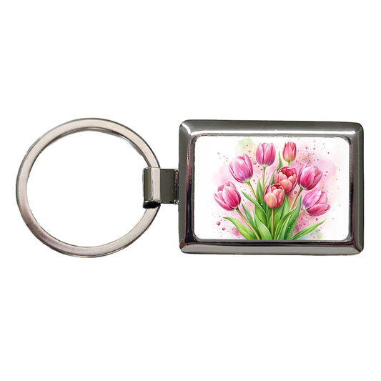 Pink Tulips Flowers Watercolor Rectangle Metal Keychain