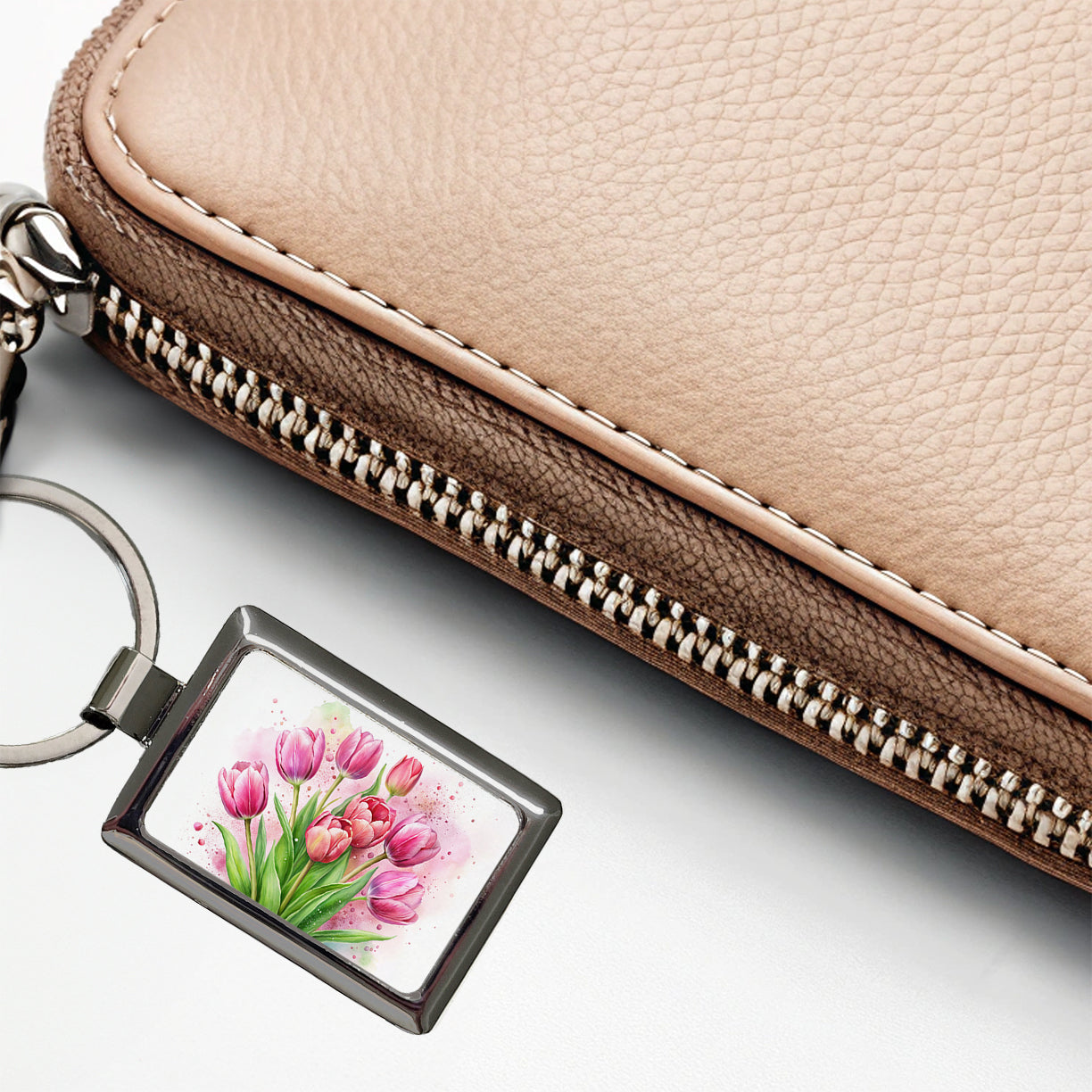 Pink Tulips Flowers Watercolor Rectangle Metal Keychain
