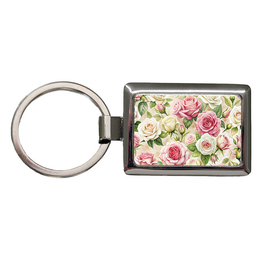 Pink White Roses Flowers Watercolor Rectangle Metal Keychain