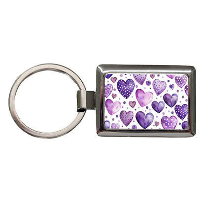 Purple Hearts Polka Dots Watercolor Rectangle Metal Keychain