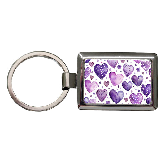 Purple Hearts Polka Dots Watercolor Rectangle Metal Keychain