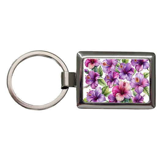 Purple Hibiscus Flowers Watercolor Rectangle Metal Keychain