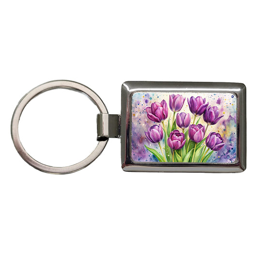 Purple Tulips Flowers Watercolor Rectangle Metal Keychain