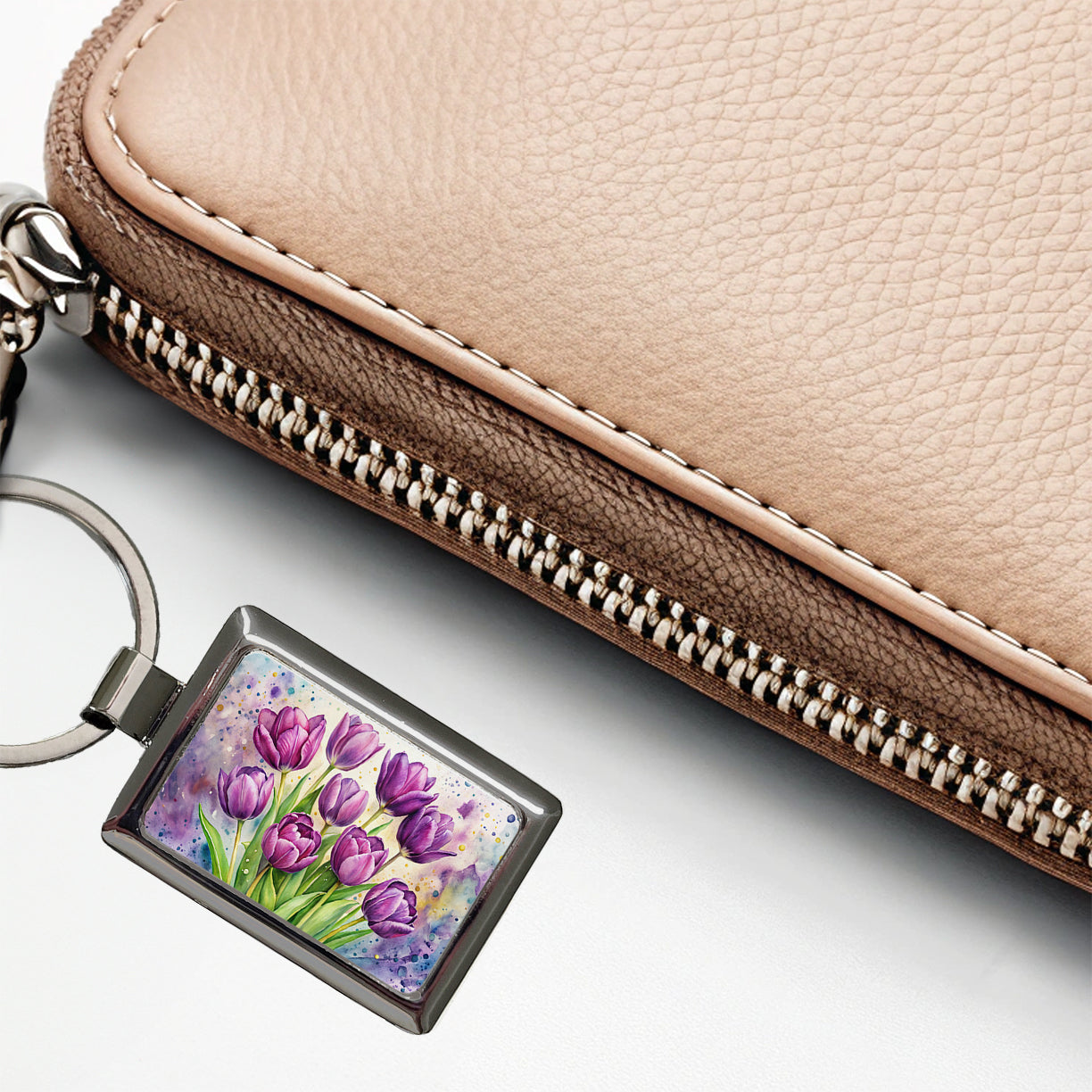 Purple Tulips Flowers Watercolor Rectangle Metal Keychain
