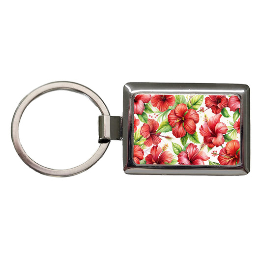 Red Hibiscus Flowers Watercolor Rectangle Metal Keychain