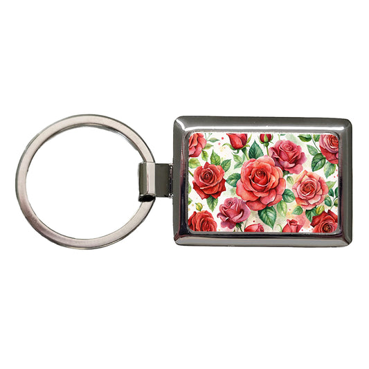 Red Roses Flowers Watercolor Rectangle Metal Keychain