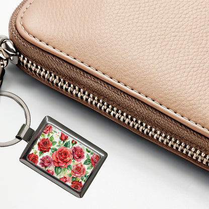 Red Roses Flowers Watercolor Rectangle Metal Keychain