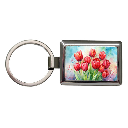 Red Tulips Flowers Watercolor Rectangle Metal Keychain