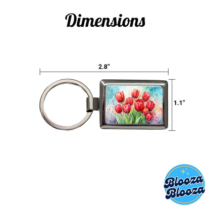 Red Tulips Flowers Watercolor Rectangle Metal Keychain