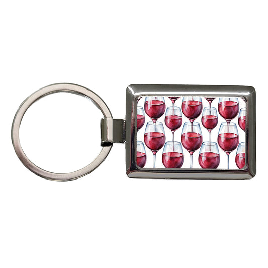 Red Wine Glasses Watercolor Rectangle Metal Keychain