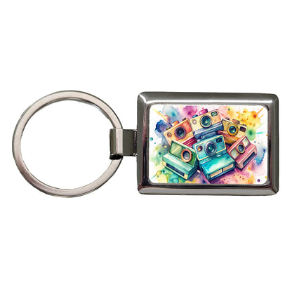 Retro Instant Cameras Photographer Watercolor Rectangle Metal Keychain