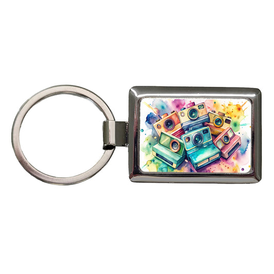 Retro Instant Cameras Photographer Watercolor Rectangle Metal Keychain