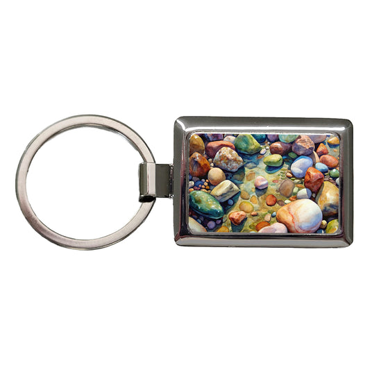 River Rocks Watercolor Rectangle Metal Keychain