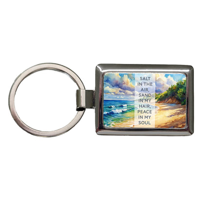 Salt Sand Peace Inspirational Beautiful Beach Ocean Watercolor Rectangle Metal Keychain