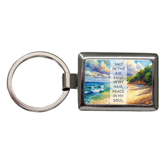 Salt Sand Peace Inspirational Beautiful Beach Ocean Watercolor Rectangle Metal Keychain