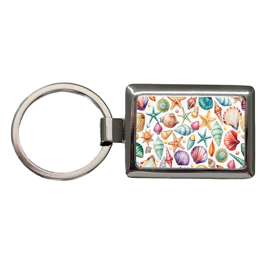 Shells Scattered Beach Rectangle Metal Keychain