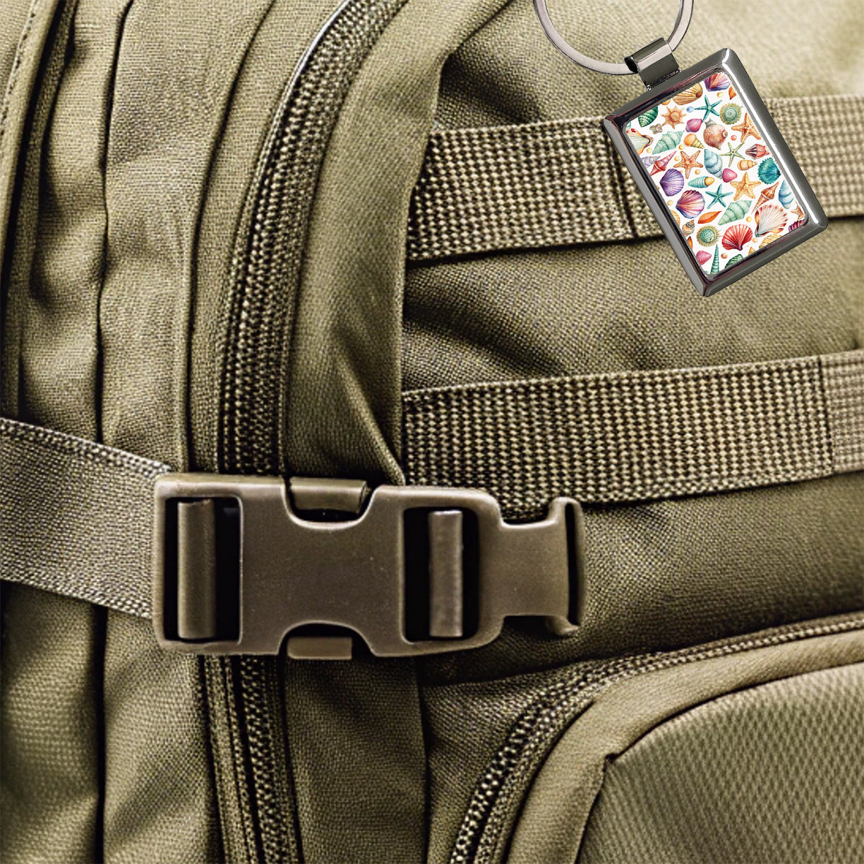 Shells Scattered Beach Rectangle Metal Keychain