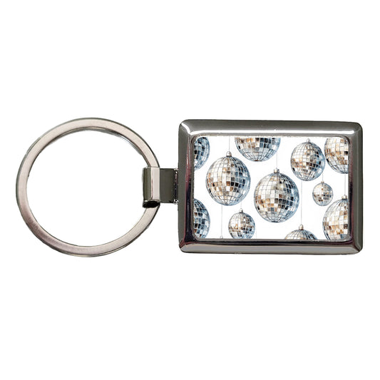 Silver Disco Balls Watercolor Rectangle Metal Keychain