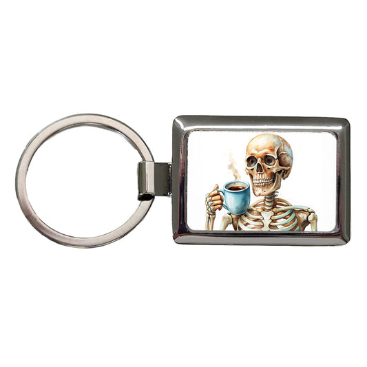 Skeleton Drinking Coffee Watercolor Rectangle Metal Keychain