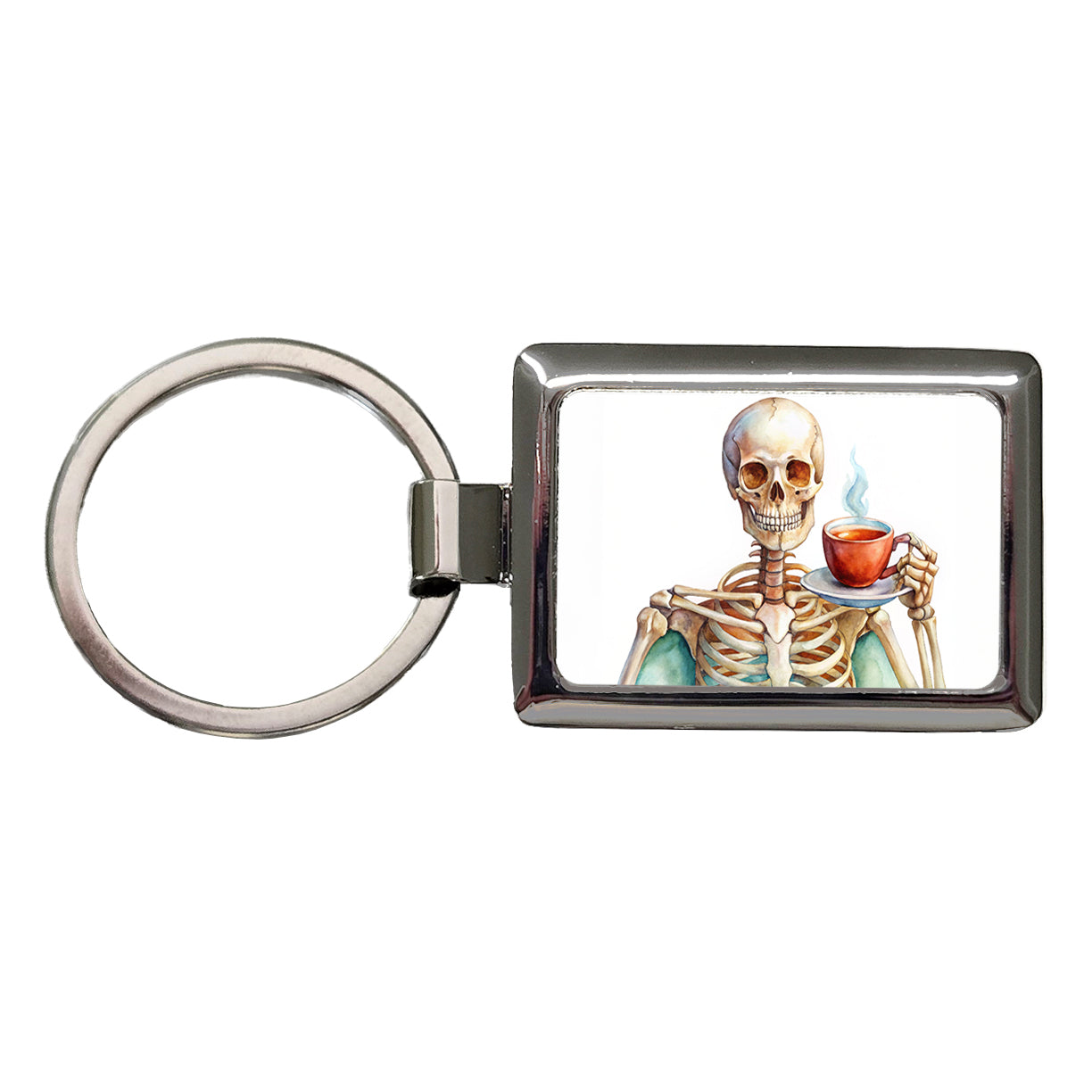 Skeleton Drinking Tea Watercolor Rectangle Metal Keychain