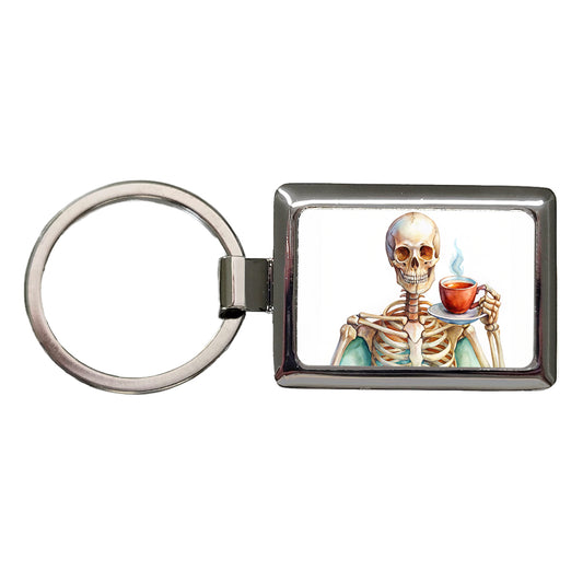 Skeleton Drinking Tea Watercolor Rectangle Metal Keychain