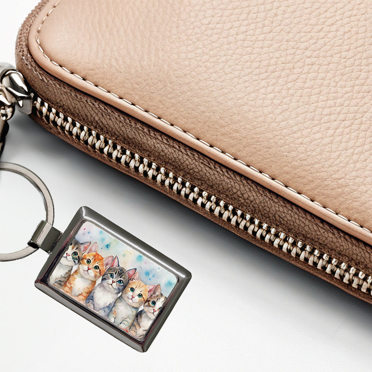Small Cute Cats In A Row Rectangle Metal Keychain