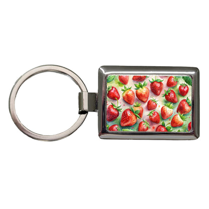 Strawberries Fruit Watercolor Rectangle Metal Keychain