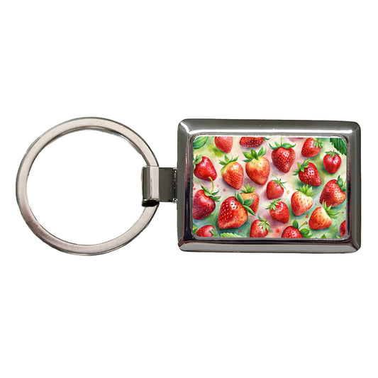 Strawberries Fruit Watercolor Rectangle Metal Keychain