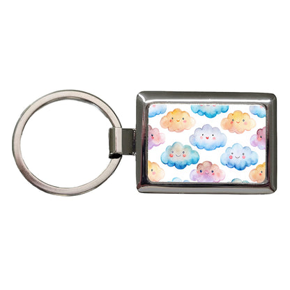 Sweet Smiling Clouds In A Row Watercolor Rectangle Metal Keychain