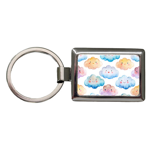 Sweet Smiling Clouds In A Row Watercolor Rectangle Metal Keychain