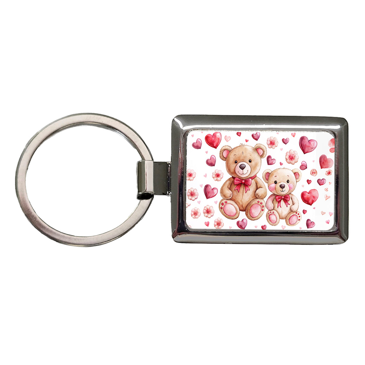 Teddy Bears Pink Red Hearts Rectangle Metal Keychain