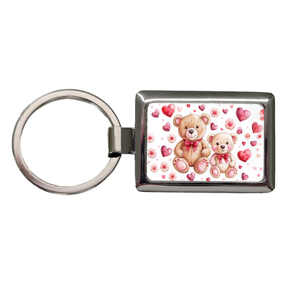 Teddy Bears Pink Red Hearts Rectangle Metal Keychain