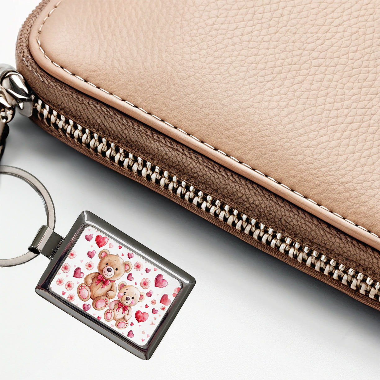 Teddy Bears Pink Red Hearts Rectangle Metal Keychain