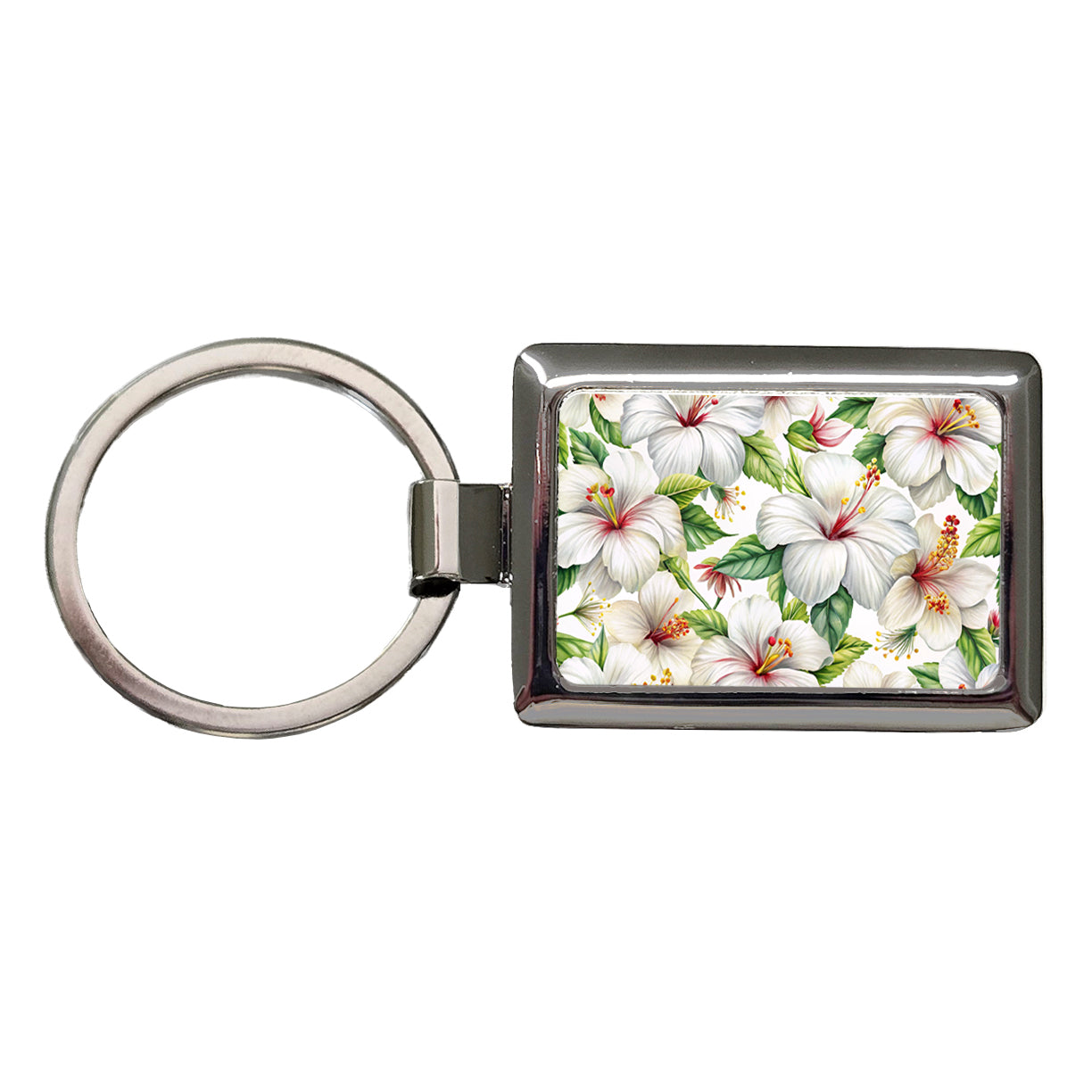 White Hibiscus Flowers Watercolor Rectangle Metal Keychain