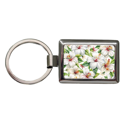 White Hibiscus Flowers Watercolor Rectangle Metal Keychain