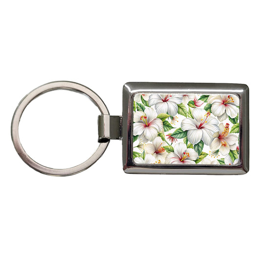 White Hibiscus Flowers Watercolor Rectangle Metal Keychain