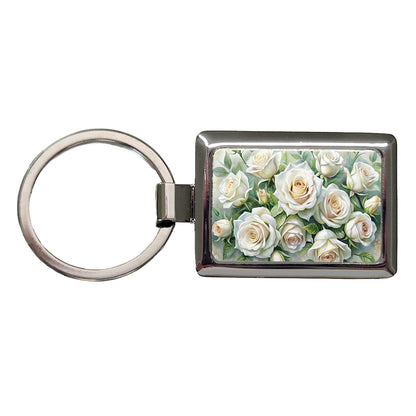 White Roses Flowers Watercolor Rectangle Metal Keychain