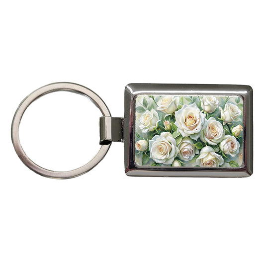 White Roses Flowers Watercolor Rectangle Metal Keychain