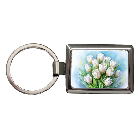 White Tulips Flowers Watercolor Rectangle Metal Keychain
