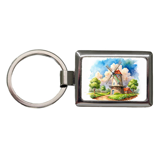 Windmill Beautiful Watercolor Rectangle Metal Keychain