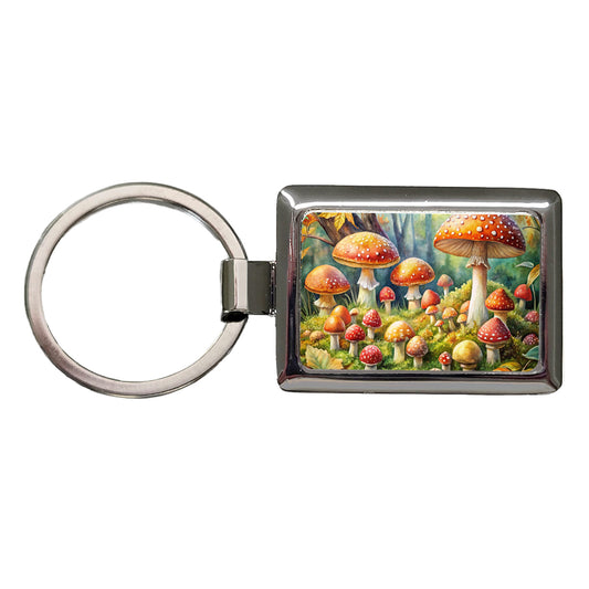 Woodland Mushrooms Watercolor Rectangle Metal Keychain