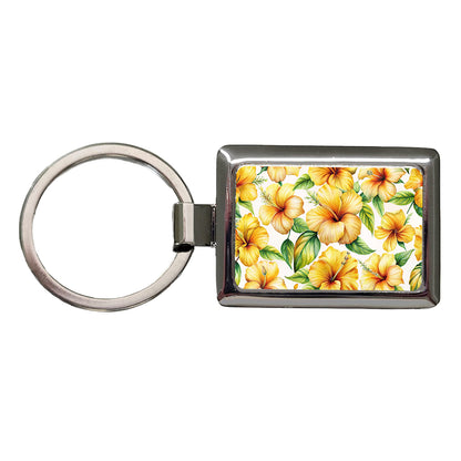 Yellow Hibiscus Flowers Watercolor Rectangle Metal Keychain