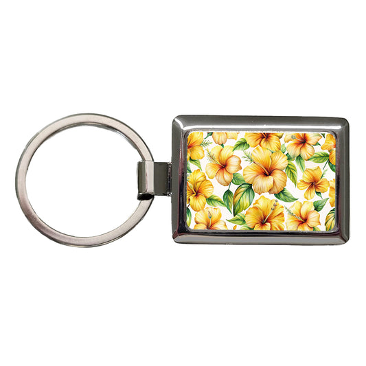 Yellow Hibiscus Flowers Watercolor Rectangle Metal Keychain