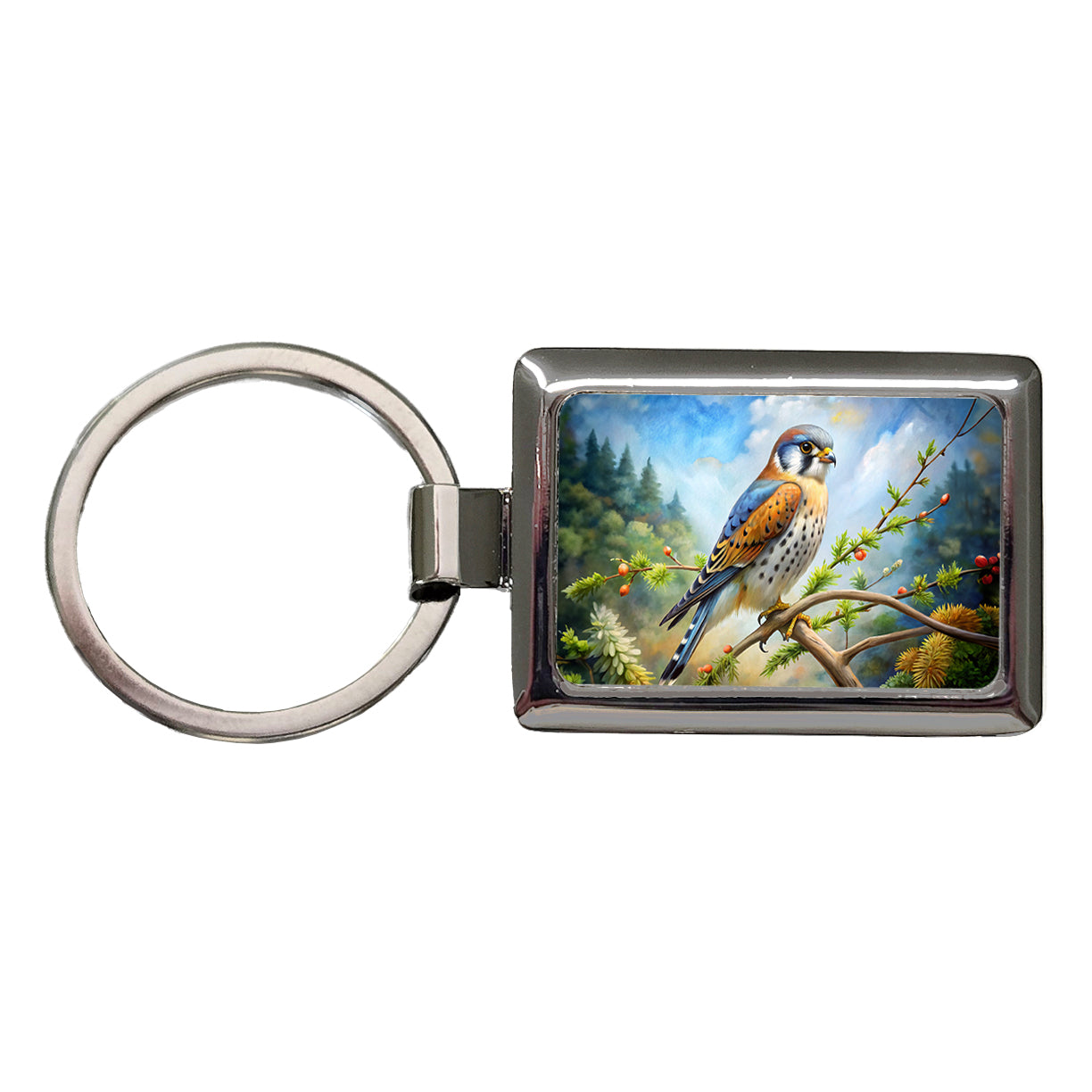 American Kestrel Raptor Bird Of Prey In Tree Scene Watercolor Rectangle Metal Keychain