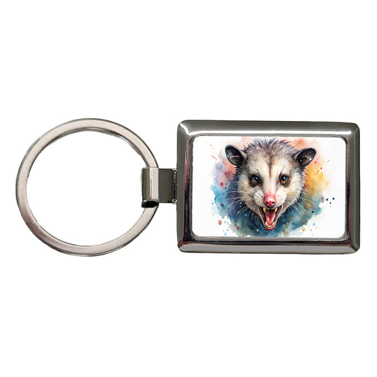 Angry Mad Opossum Watercolor Rectangle Metal Keychain