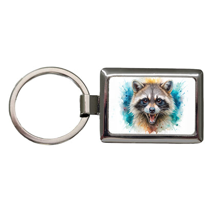 Angry Mad Raccoon Watercolor Rectangle Metal Keychain