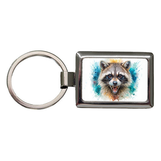 Angry Mad Raccoon Watercolor Rectangle Metal Keychain
