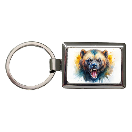 Angry Mad Wolverine Watercolor Rectangle Metal Keychain